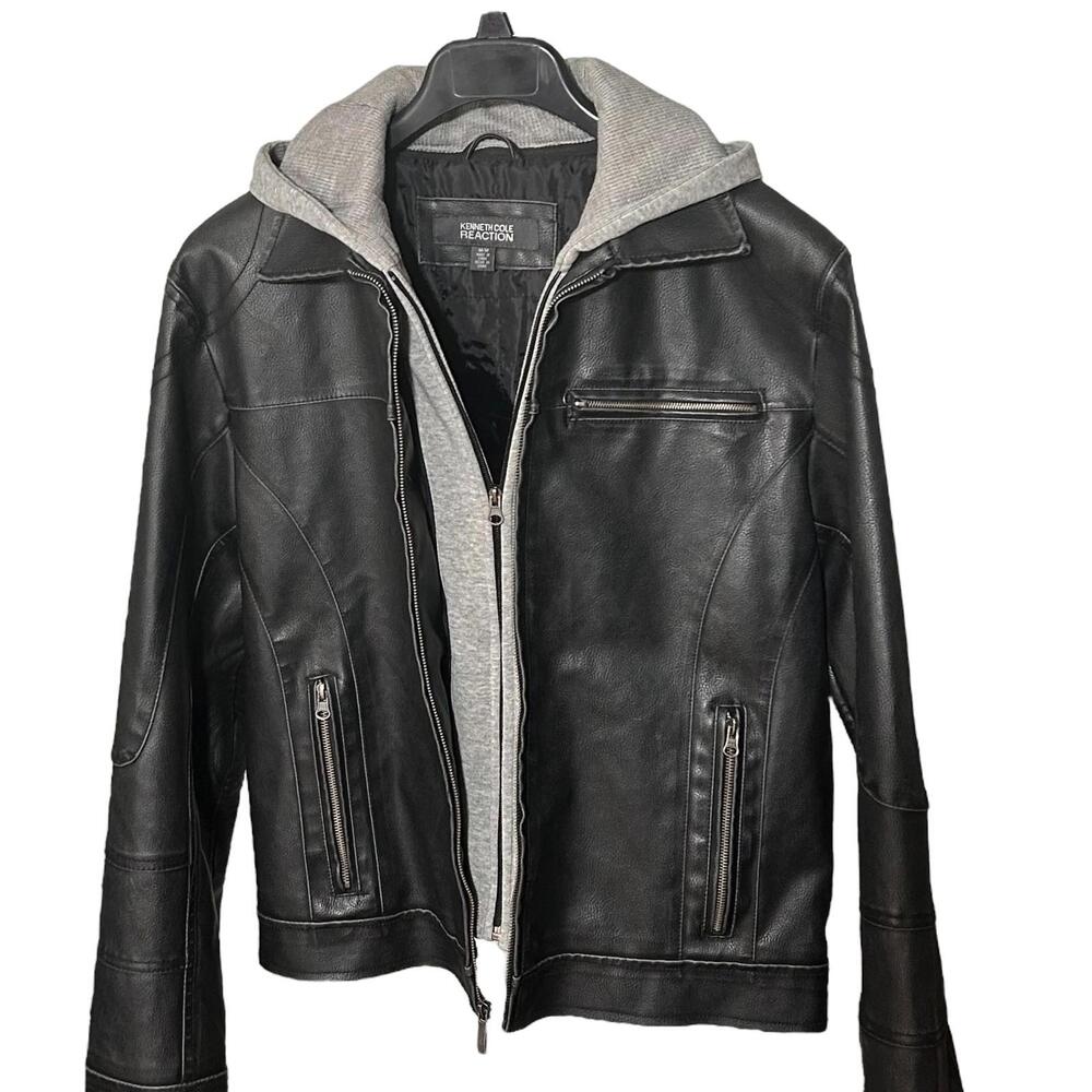 KENNETH COLE Vintage Mens M/L Black Bomber Moto Jacket w/ Zip-Out Fleece Hood - Picture 4 of 9
